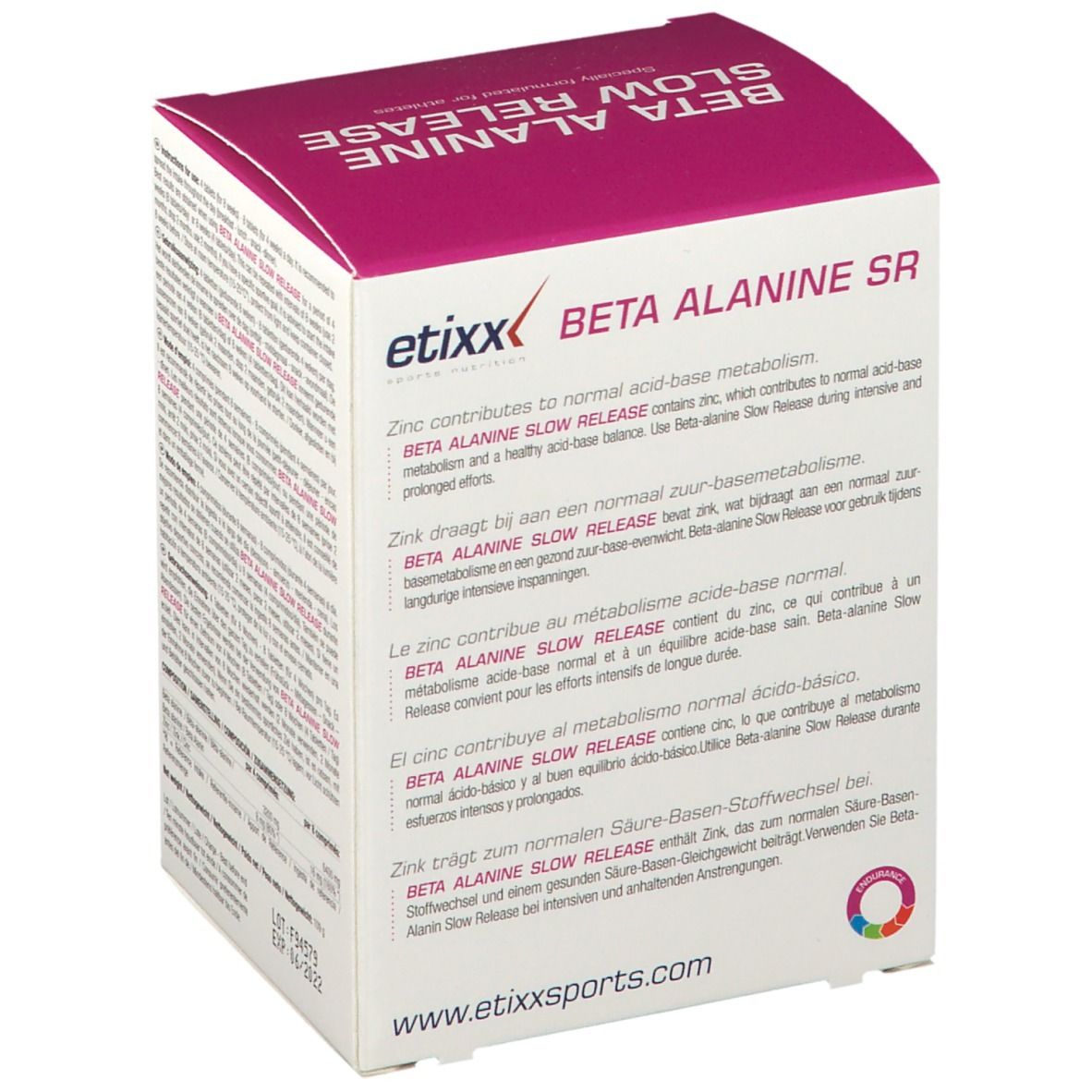 Etixx Beta Alanine Slow Release verpakking met 90 tabletten. Achterkant met productinformatie. Opschrift: Beta Alanine Slow Release, etixx sports nutrition.