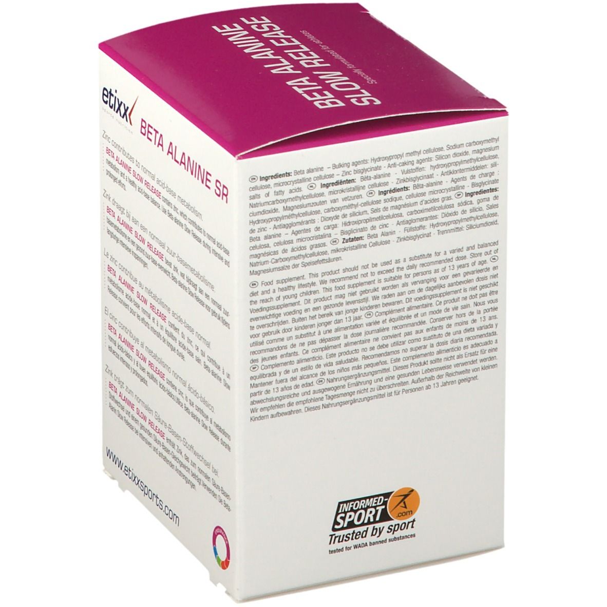 Etixx Beta Alanine Slow Release verpakking met 90 tabletten. Achterkant met productinformatie. Opschrift: Beta Alanine Slow Release, etixx sports nutrition.