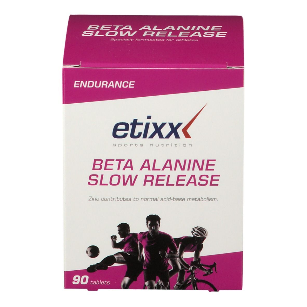 Etixx Beta Alanine Slow Release verpakking met 90 tabletten. Opschrift: Beta Alanine Slow Release, Endurance, etixx sports nutrition.