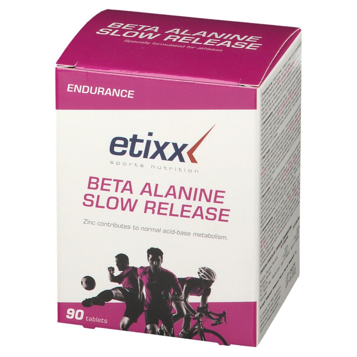 Etixx Beta Alanine Slow Release verpakking met 90 tabletten. Opschrift: Beta Alanine Slow Release, Endurance, etixx sports nutrition.