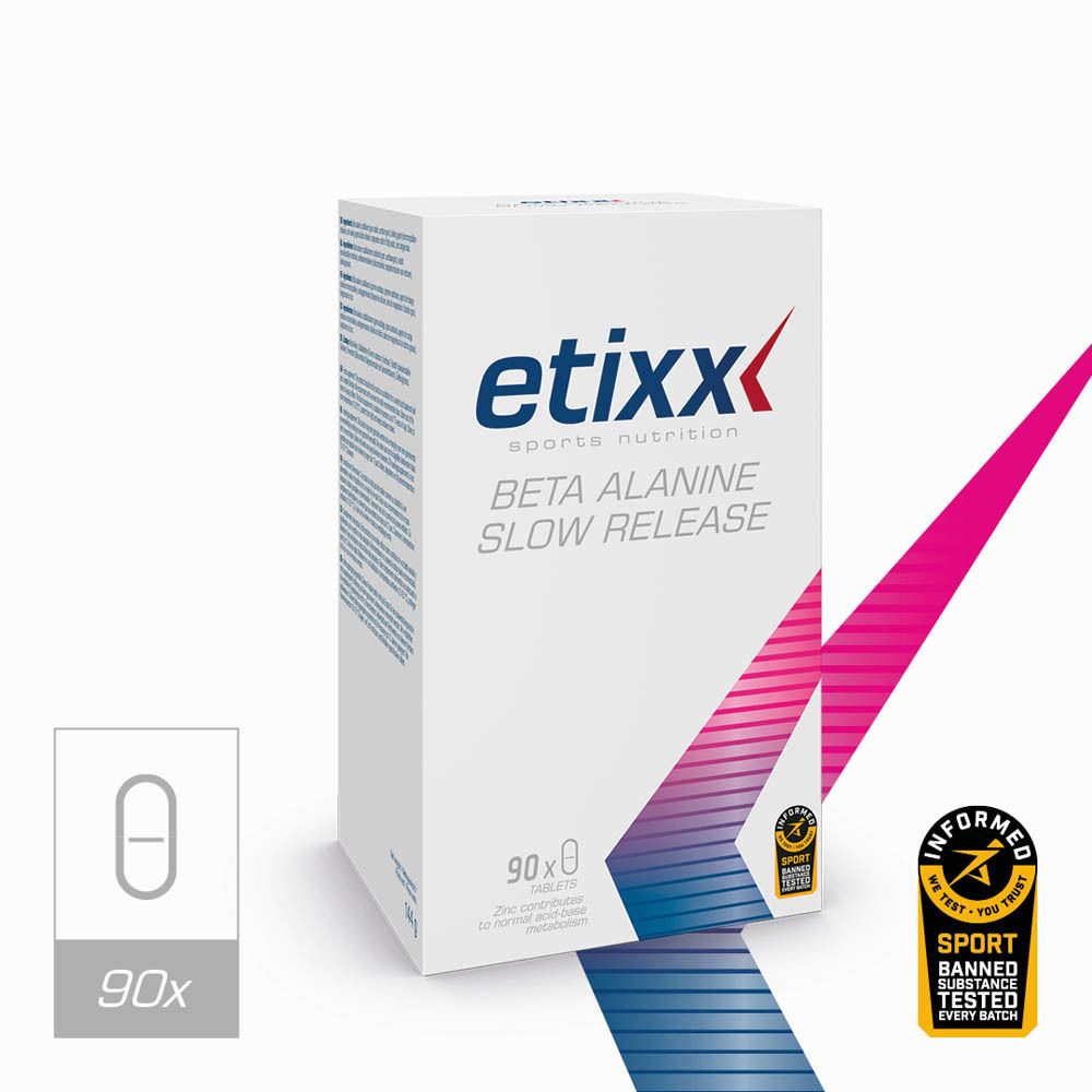 Etixx Beta Alanine Slow Release verpakking met 90 tabletten. Opschrift: Beta Alanine Slow Release, etixx sports nutrition.