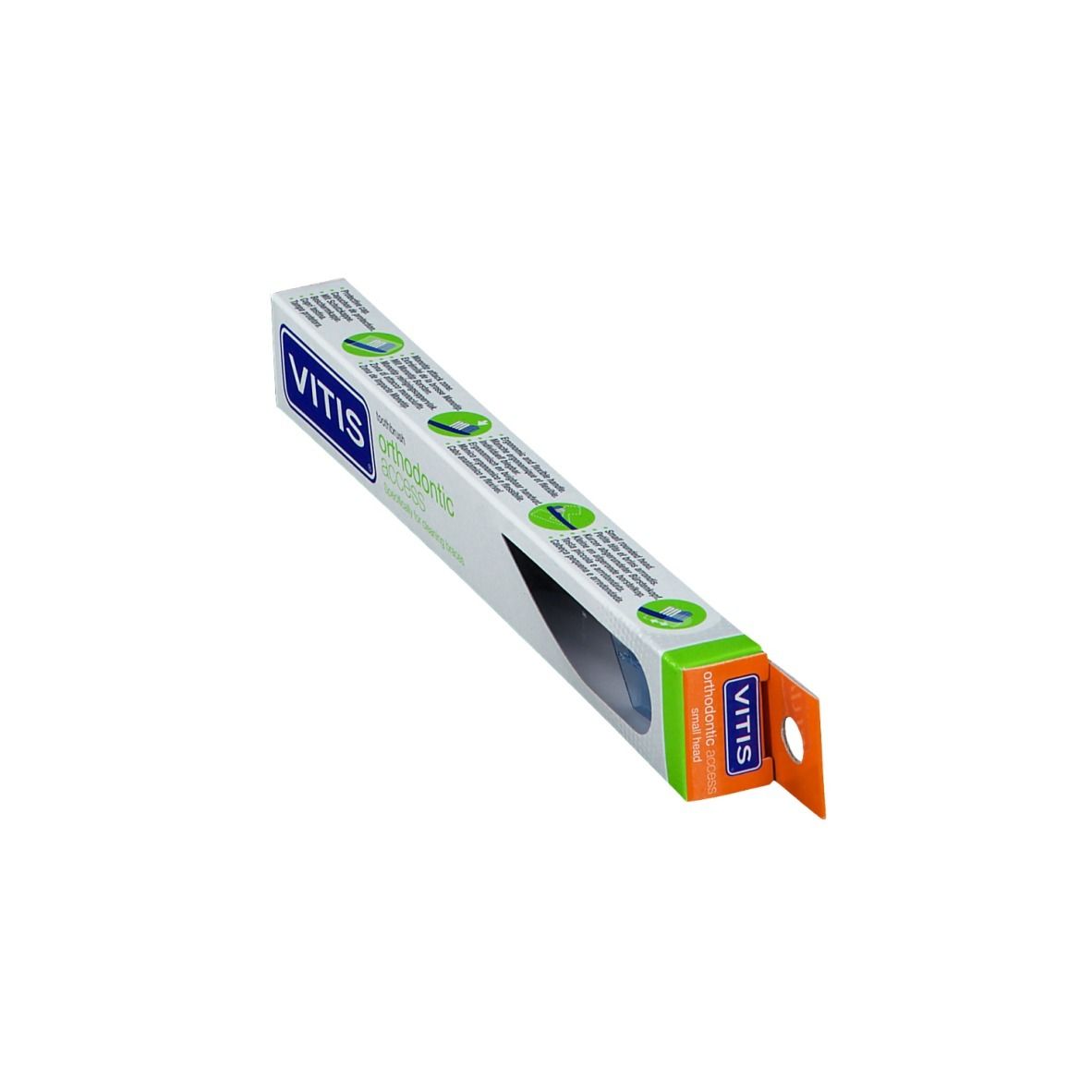 Verpackung der Zahnbürste VITIS 'orthodontic access'. Schräge Ansicht. Grün-weiße Verpackung mit Produktabbildung.