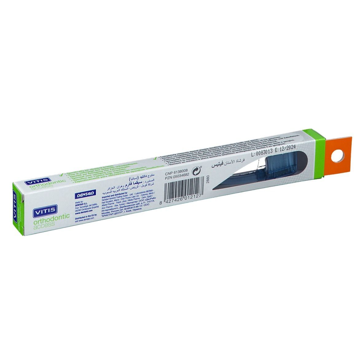 Rückseite der Zahnbürstenverpackung. Text in mehreren Sprachen. Marke VITIS, Modell 'orthodontic access'.