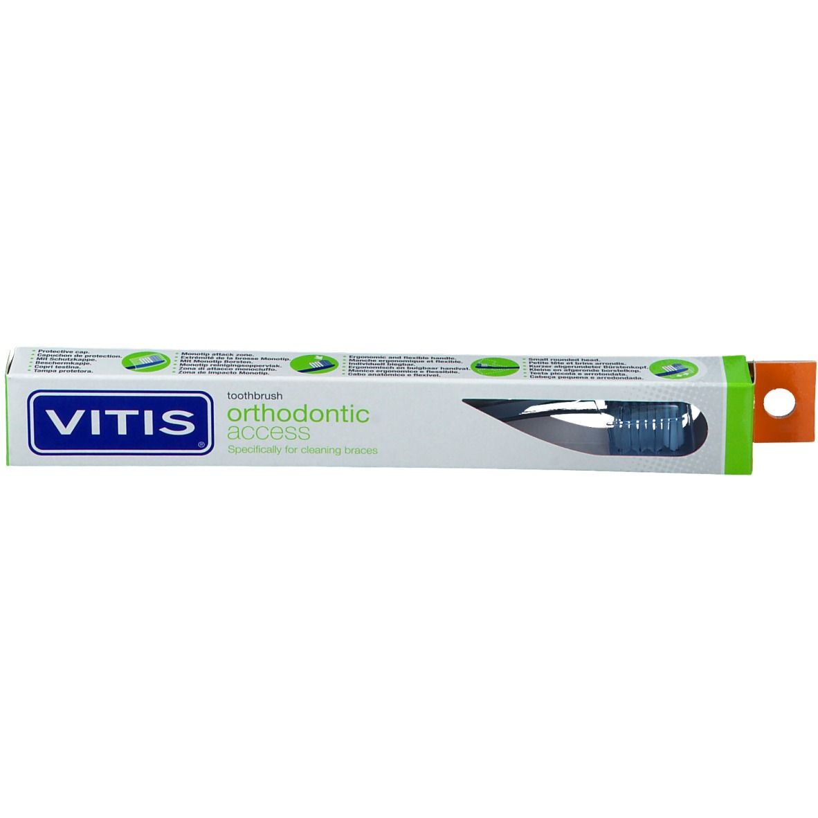 Zahnbürste in Verpackung. Marke VITIS, Modell 'orthodontic access'. Grün-weiße Verpackung mit Produktabbildung.
