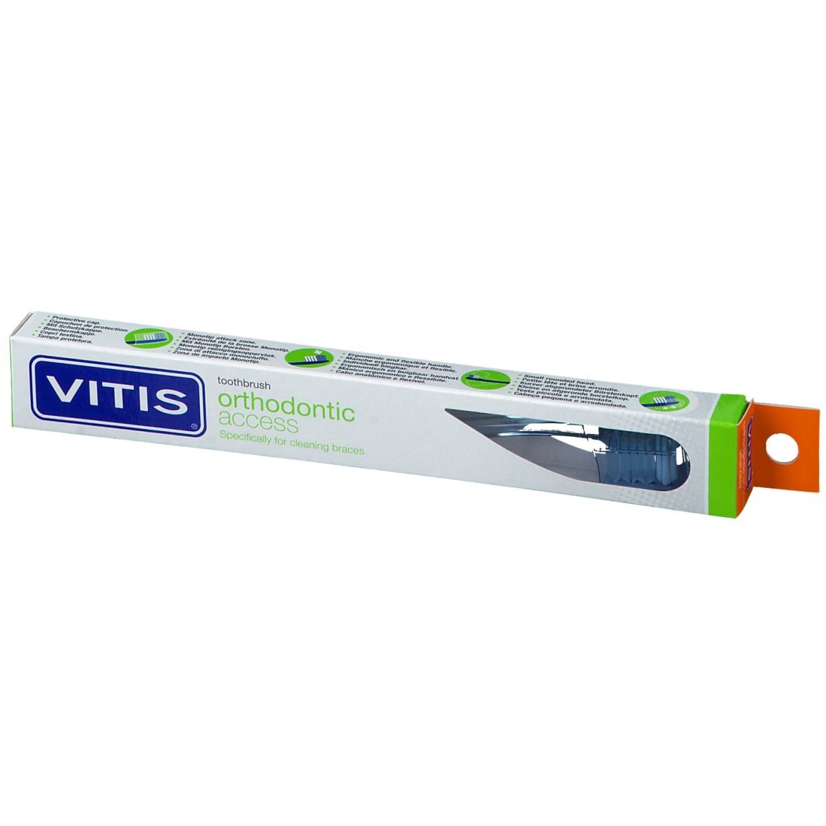 Zahnbürste in Verpackung. Marke VITIS, Modell 'orthodontic access'. Grün-weiße Verpackung mit Produktabbildung.
