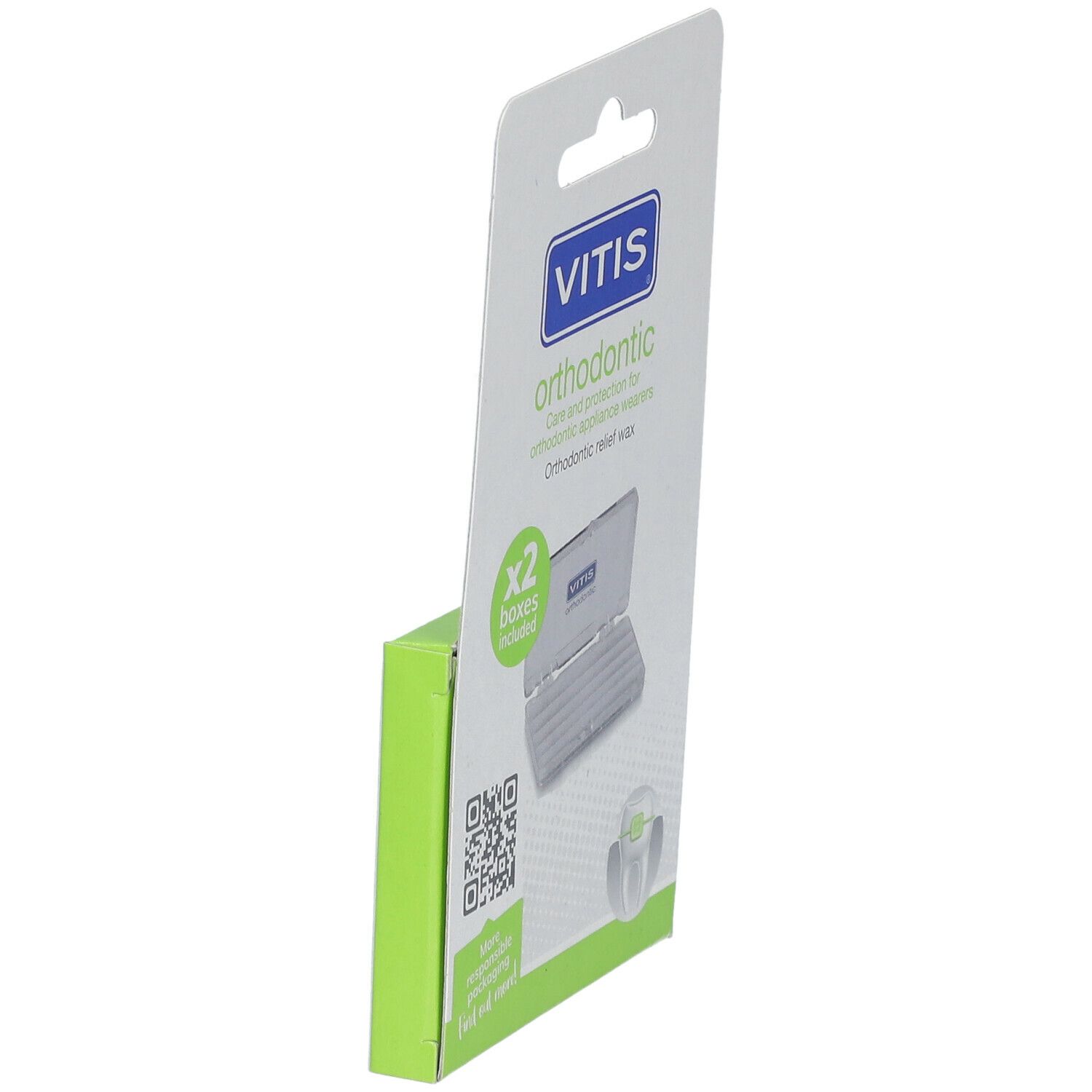 Vue latérale de l'emballage Vitis Orthodontic Wax. Emballage blanc et vert avec image du produit et code QR.