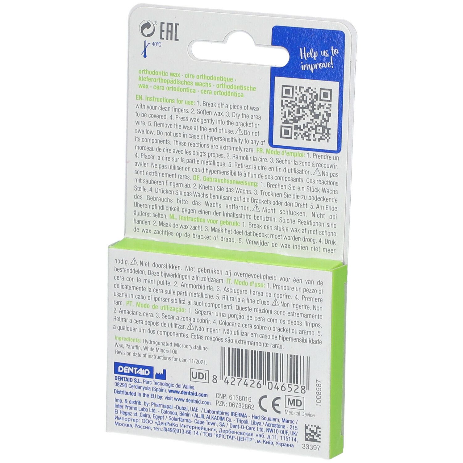 Dos de l'emballage Vitis Orthodontic Wax. Texte multilingue, code QR et informations du fabricant.