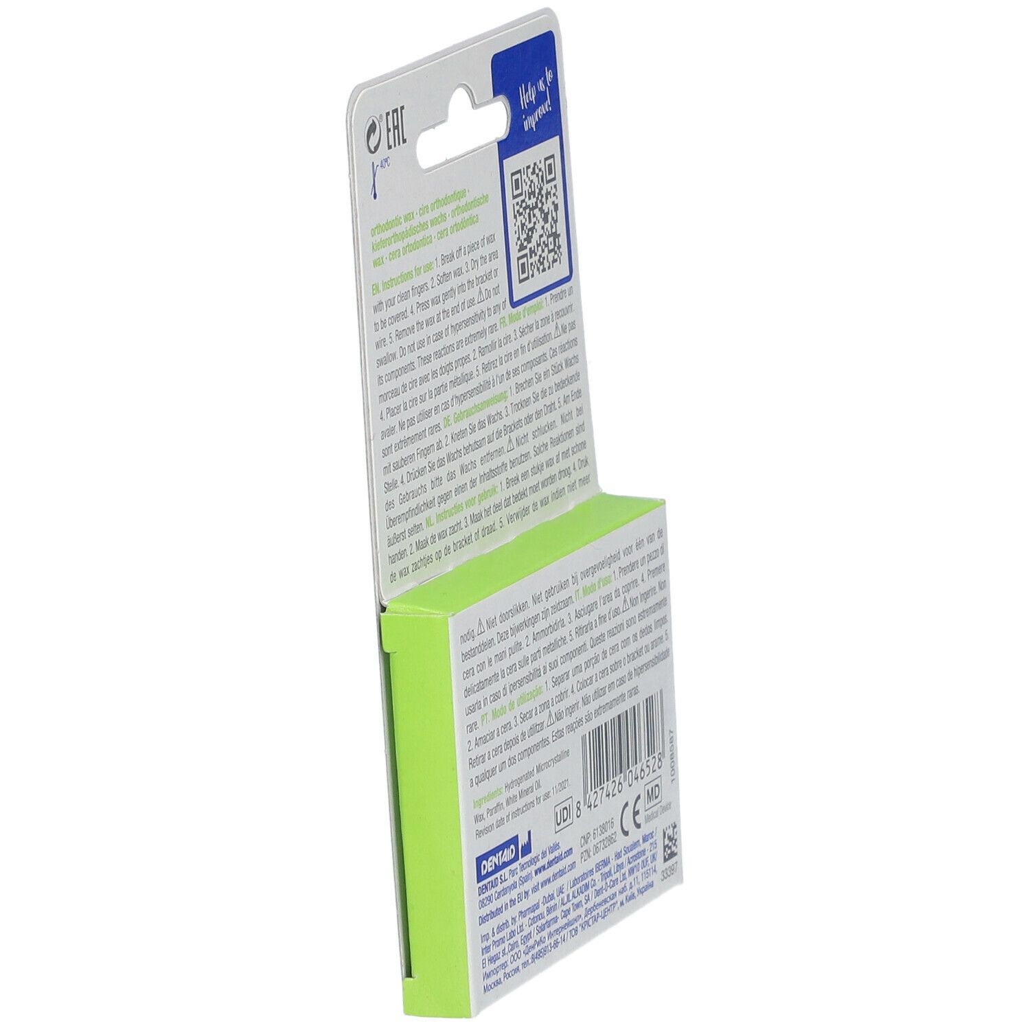 Vue latérale de l'emballage Vitis Orthodontic Wax. Texte et code QR sur fond vert.
