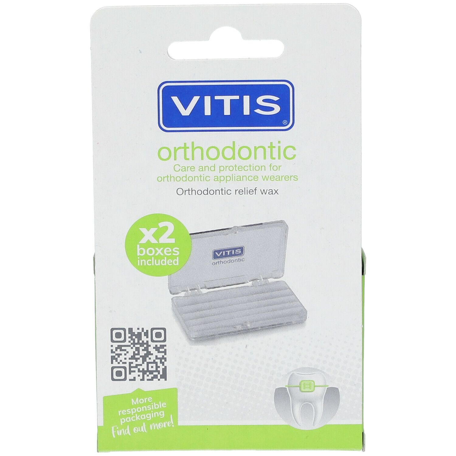 Vue de face de l'emballage Vitis Orthodontic Wax. Contient deux boîtes. Emballage blanc et vert avec image du produit.