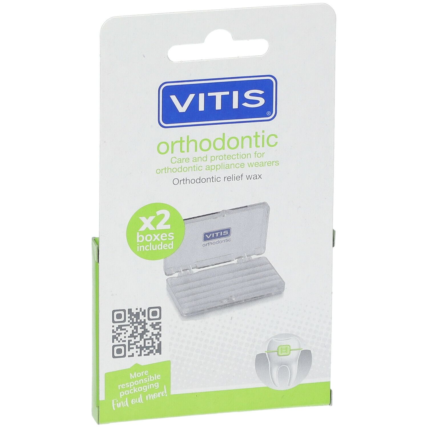Vue de face de l'emballage Vitis Orthodontic Wax. Contient deux boîtes. Emballage blanc et vert avec image du produit.