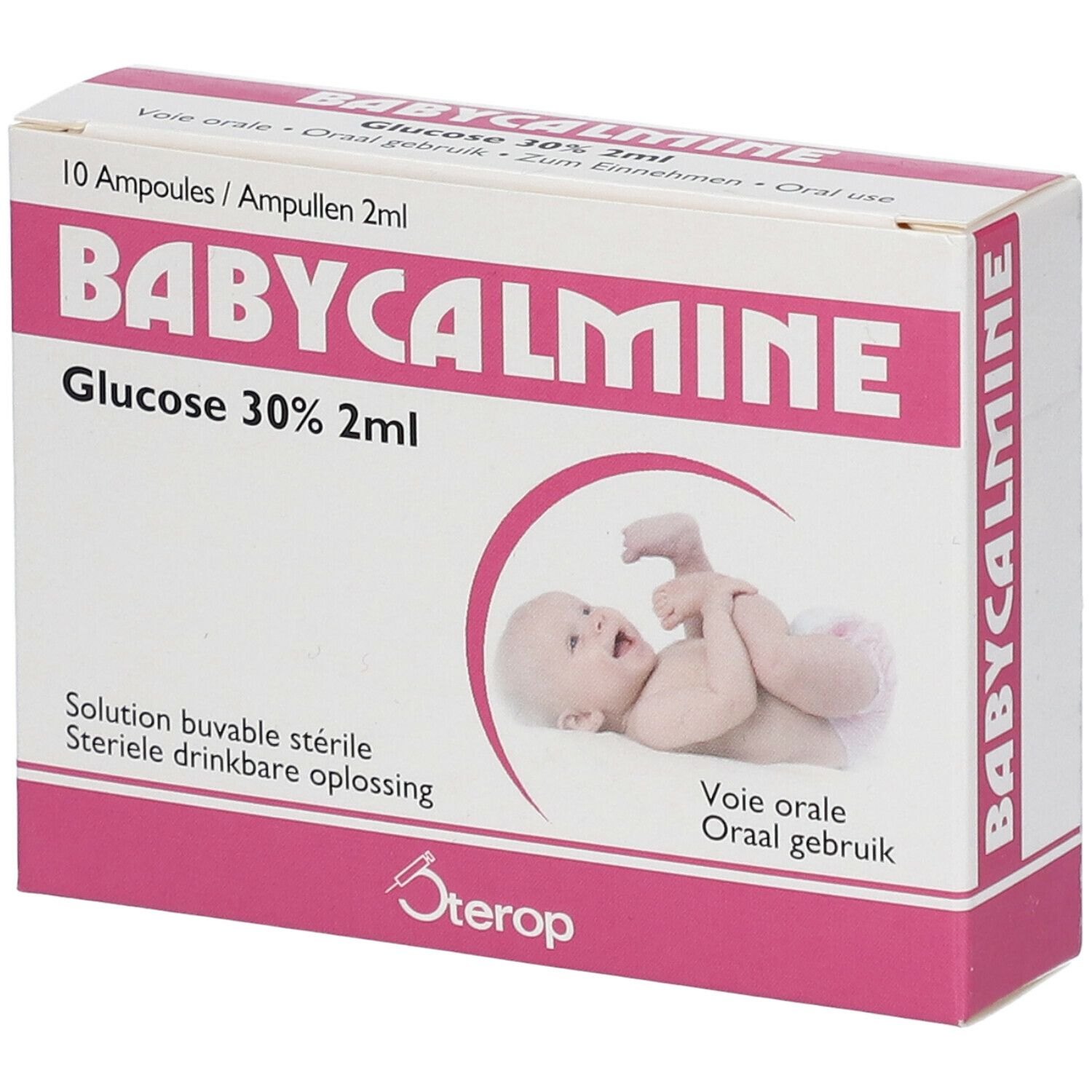Boîte de Babycalmine Glucose 30% 2ml. Design rose et blanc. Illustration d'un bébé. 10 ampoules. Logo Sterop.