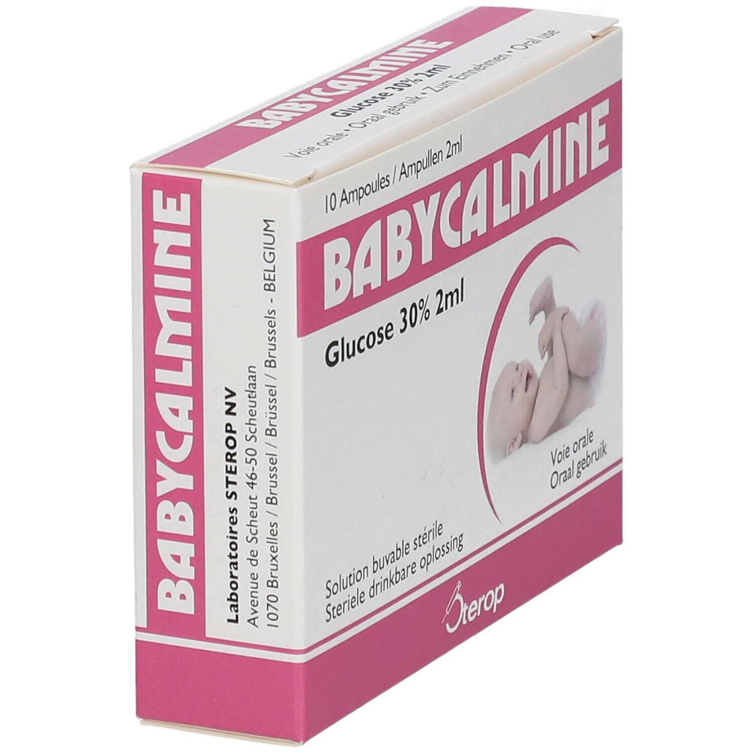 Boîte de Babycalmine Glucose 30% 2ml en biais. Rose et blanc. Illustration bébé. 10 ampoules. Logo Sterop.