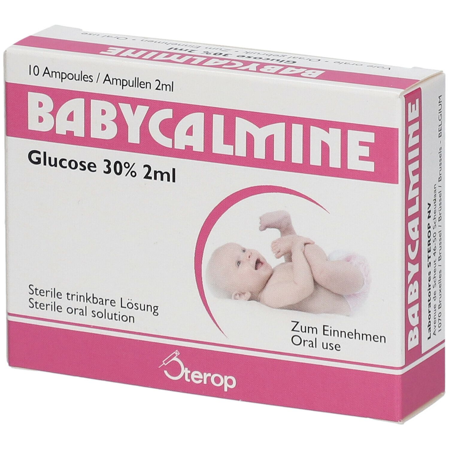 Boîte de Babycalmine Glucose 30% 2ml. Rose et blanc. Illustration bébé. 10 ampoules. Logo Sterop. Texte: Solution buvable stérile.