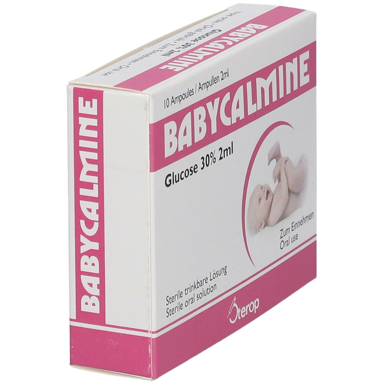 Boîte de Babycalmine Glucose 30% 2ml en biais. Rose et blanc. Illustration bébé. 10 ampoules. Logo Sterop. Texte: Solution orale stérile.