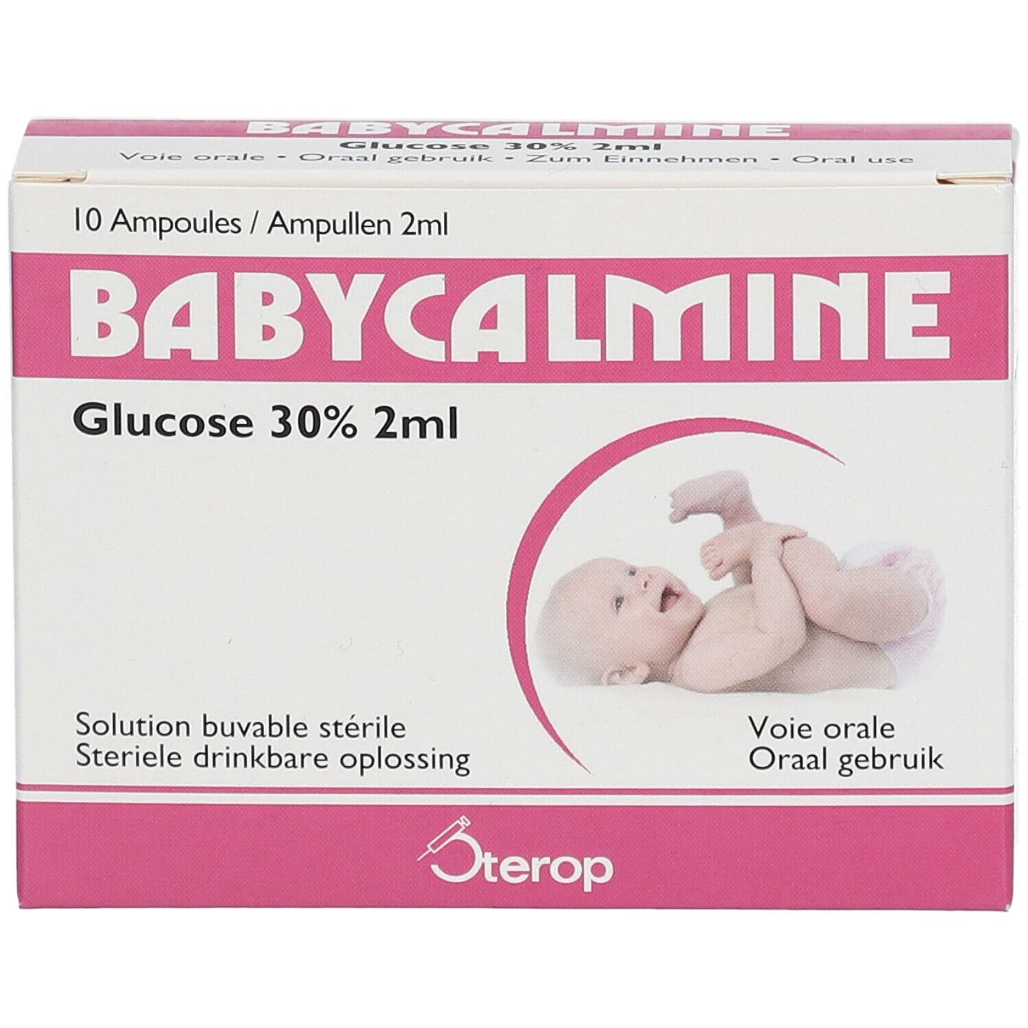 Boîte de Babycalmine Glucose 30% 2ml. Rose et blanc. Illustration bébé. 10 ampoules. Logo Sterop. Texte: Voie orale.