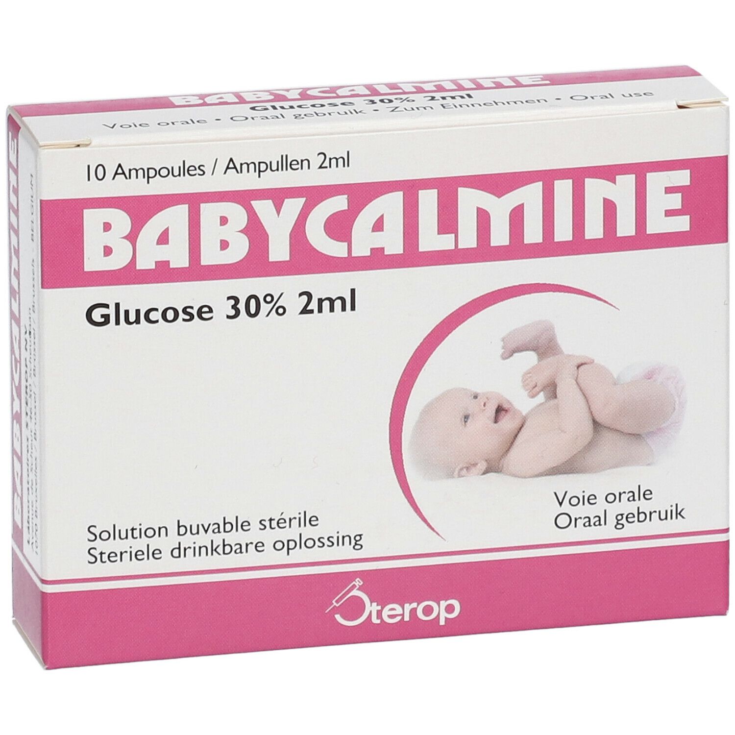 Boîte de Babycalmine Glucose 30% 2ml. Rose et blanc. Illustration bébé. 10 ampoules. Logo Sterop. Texte: Voie orale.