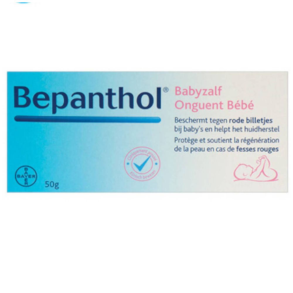 Boîte de crème Bepanthol Bébé. Emballage bleu et blanc avec nom et logo du produit. 50g.