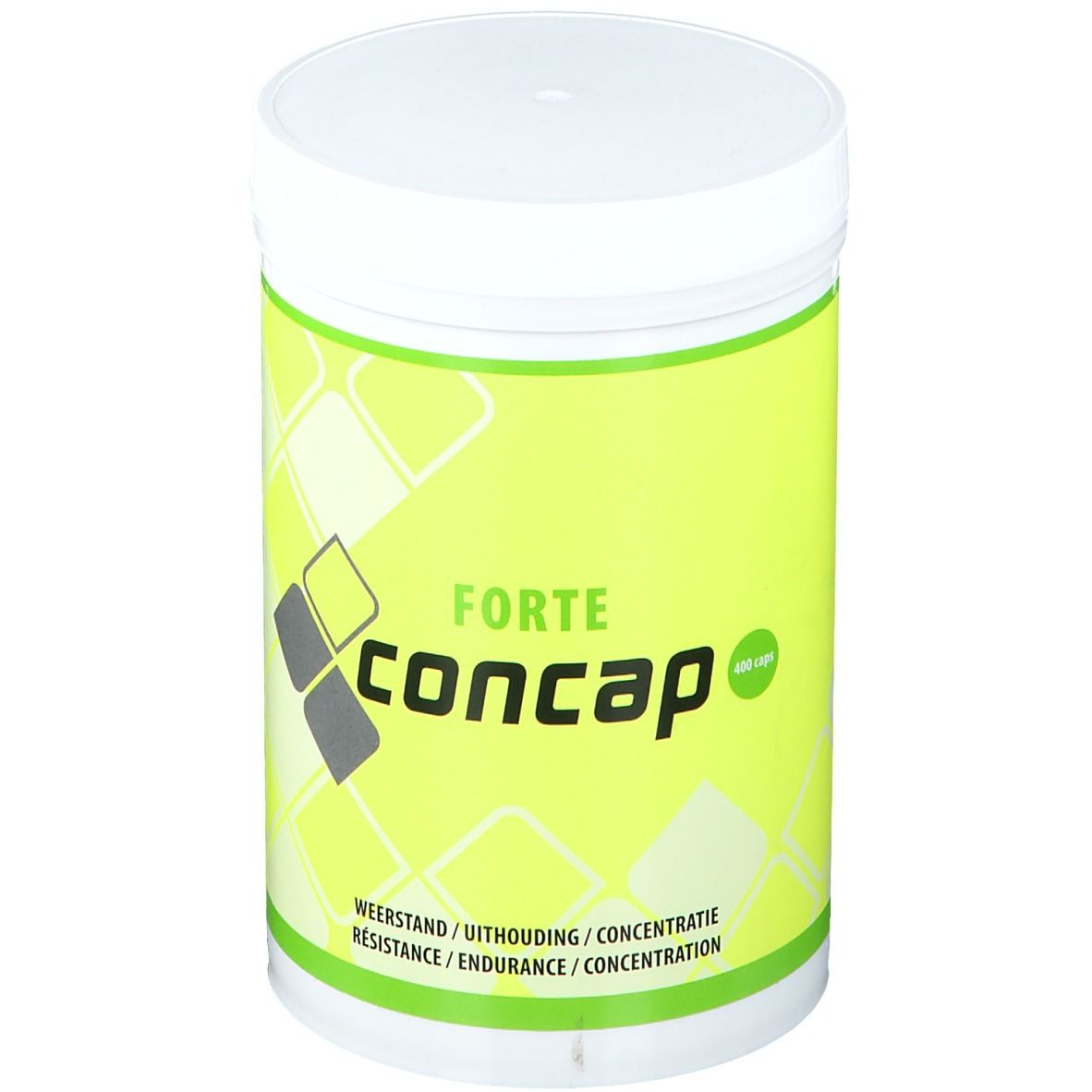 Récipient blanc avec étiquette verte. Inscription : FORTE concap. Informations supplémentaires sur la résistance, l'endurance et la concentration.