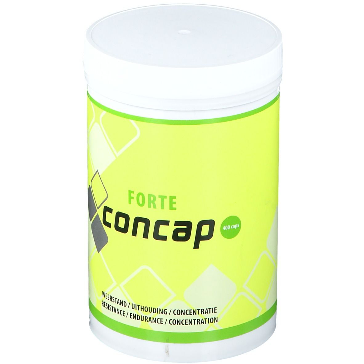 Récipient blanc avec étiquette verte. Inscription : FORTE concap. Informations supplémentaires sur la résistance, l'endurance et la concentration.