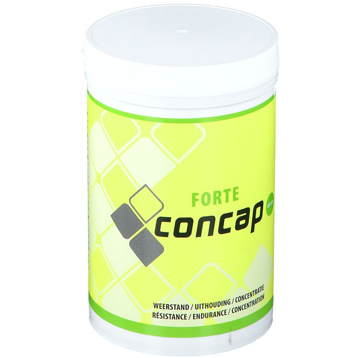 Récipient blanc avec étiquette verte. Inscription : FORTE concap. Informations supplémentaires sur la résistance, l'endurance et la concentration.