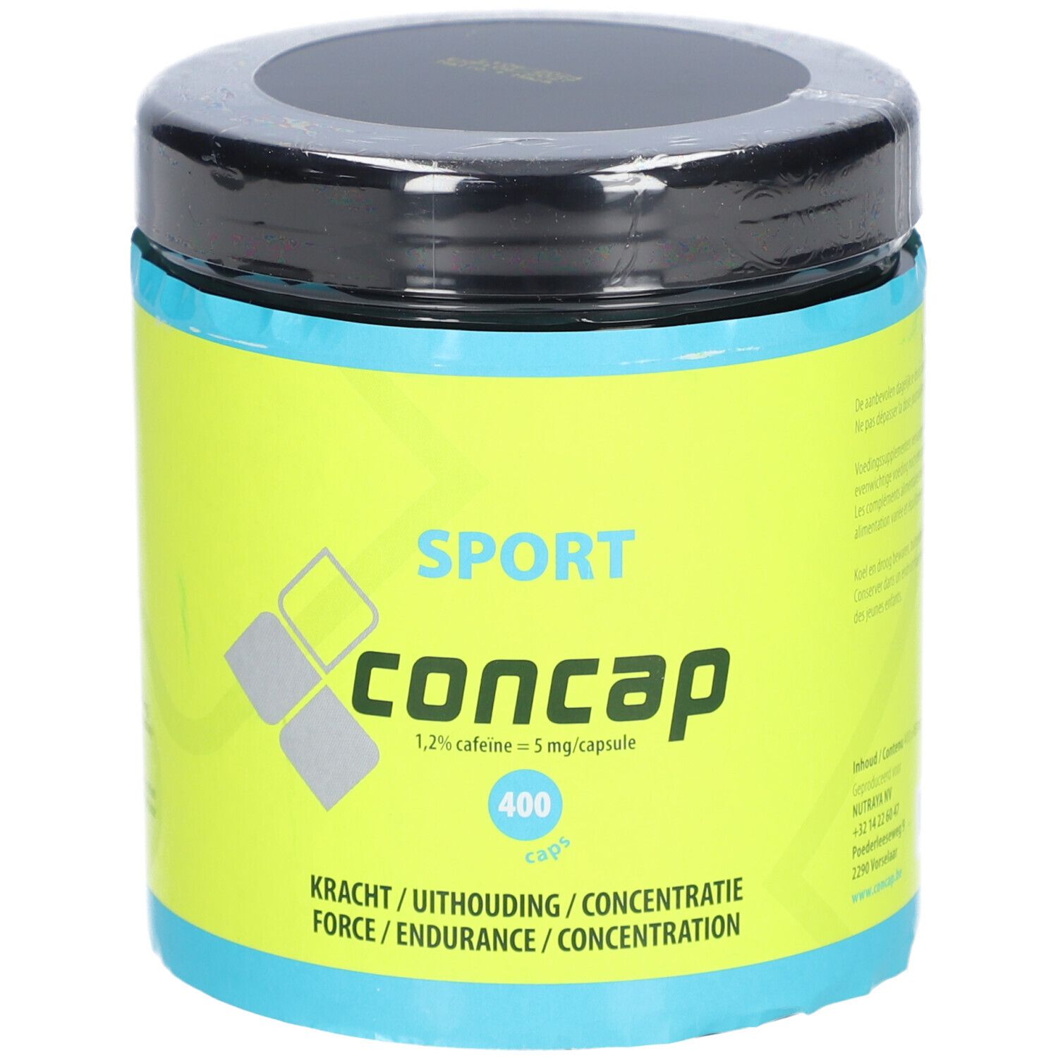 Pot rond avec couvercle noir et étiquette bleu-jaune. Inscription: CONCAP SPORT 400 caps. Contient de la caféine.