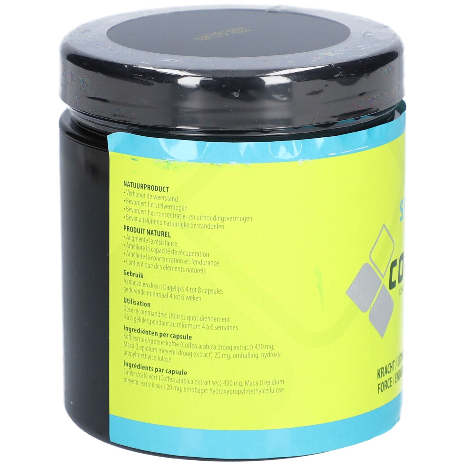 Pot rond avec couvercle noir et étiquette bleu-jaune. Dos avec texte multilingue. CONCAP SPORT.