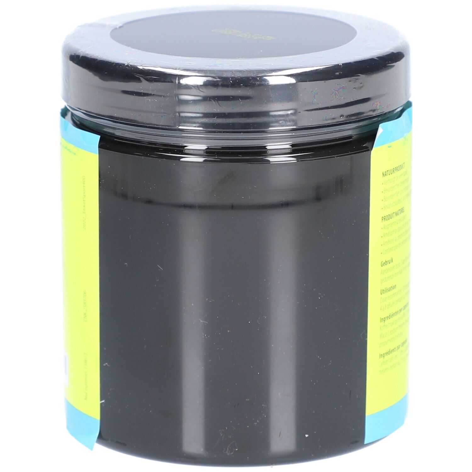 Pot rond noir avec couvercle noir. Étiquette bleu-jaune partiellement visible. CONCAP SPORT.