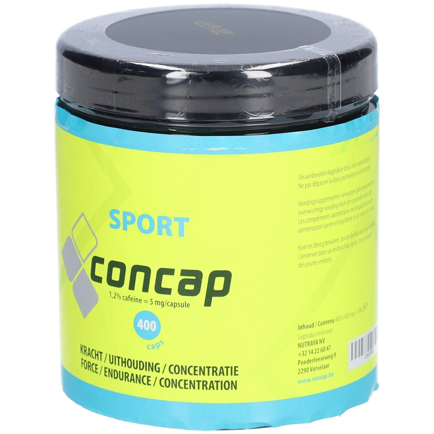 Pot rond avec couvercle noir et étiquette bleu-jaune. Inscription: CONCAP SPORT 400 caps. Contient de la caféine.