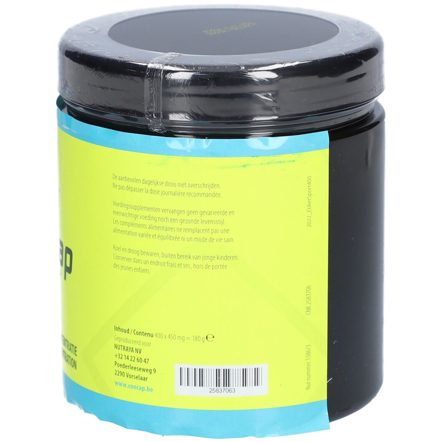 Pot rond avec couvercle noir et étiquette bleu-jaune. Dos avec texte multilingue. CONCAP SPORT.