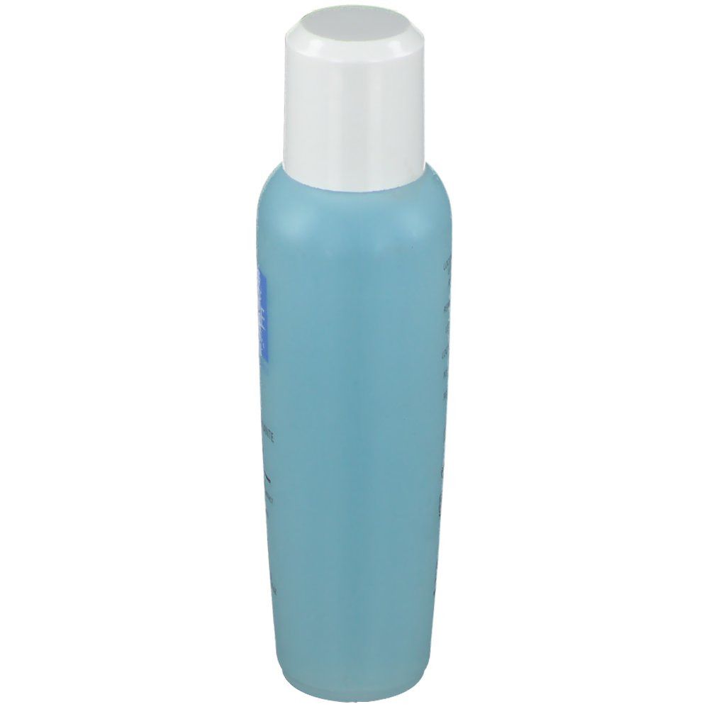 Hellblaue Flasche mit weißem Deckel. Seitenansicht.