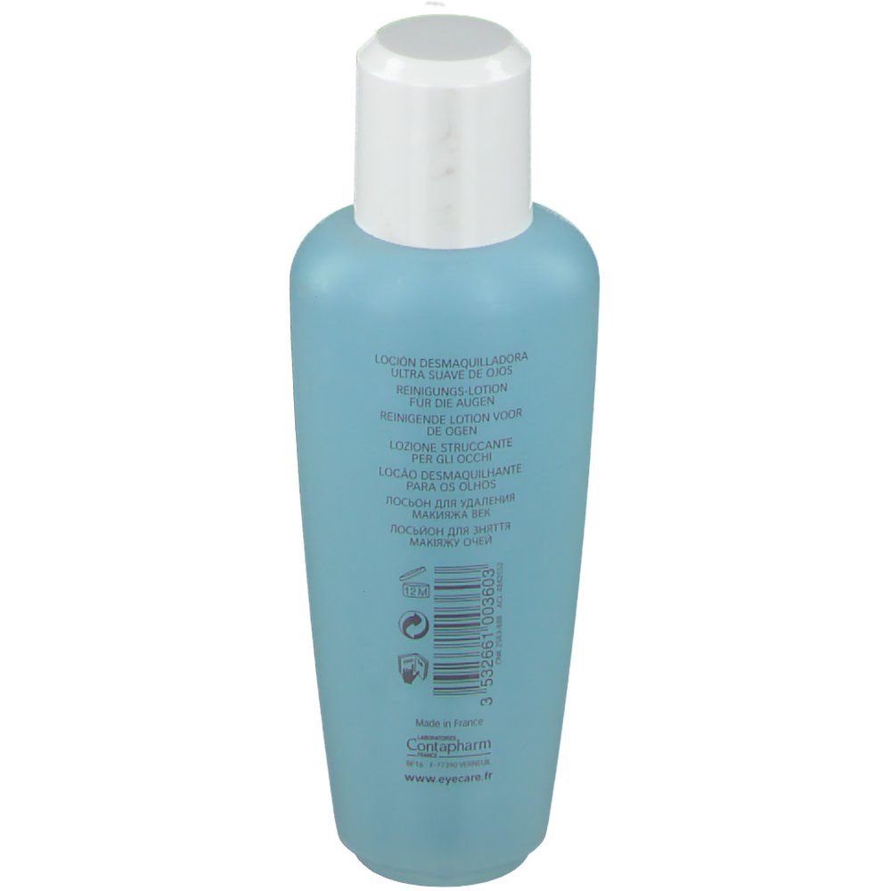Hellblaue Flasche mit weißem Deckel. Rückseite mit Text in mehreren Sprachen.