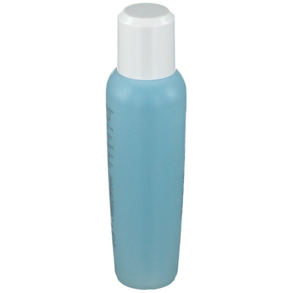 Hellblaue Flasche mit weißem Deckel. Seitenansicht.
