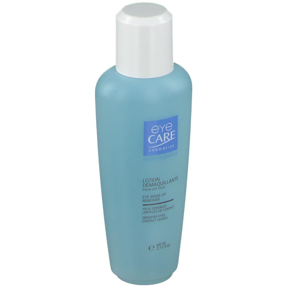 Hellblaue Flasche mit weißem Deckel. Aufschrift: Eye Care Cosmetics, Lotion Démaquillante, 60 ml.