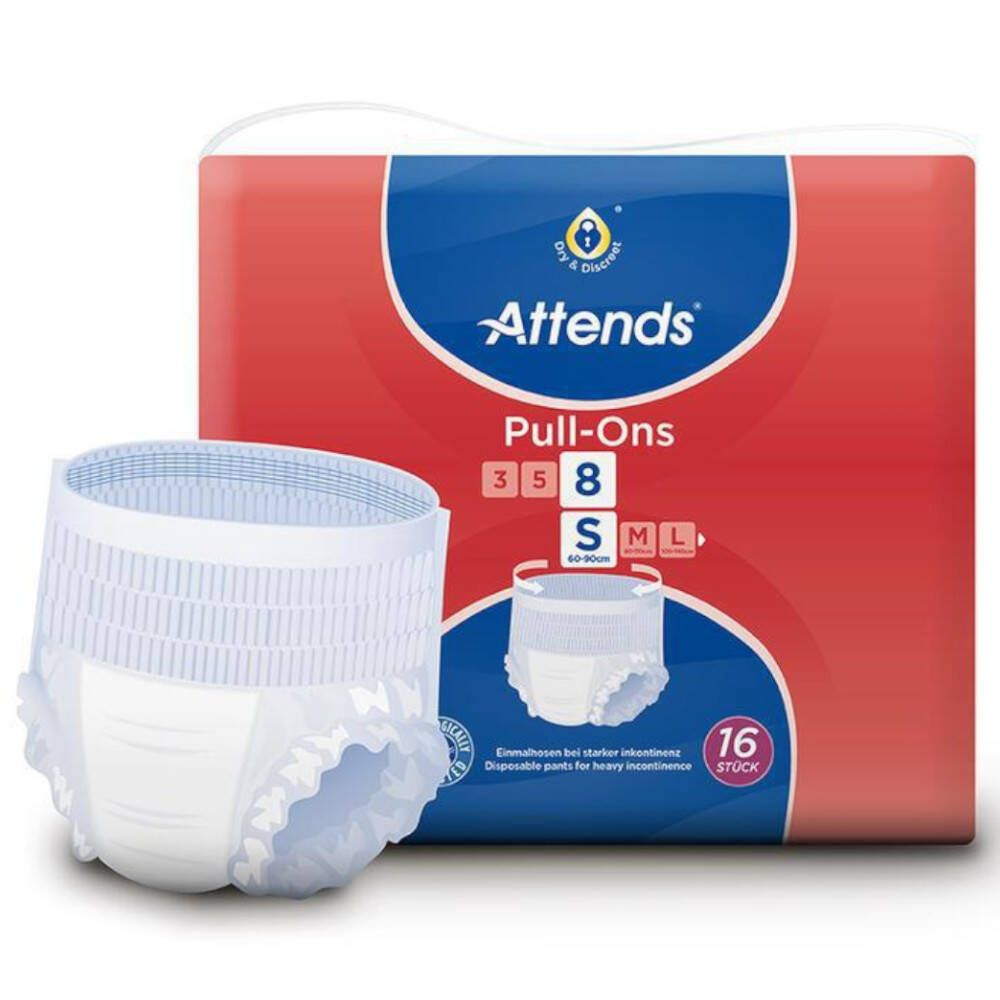 Attends Pull-Ons 8, maat S, 16 stuks. Incontinentiebroekje met Dry & Discreet logo. Verpakking en los broekje.
