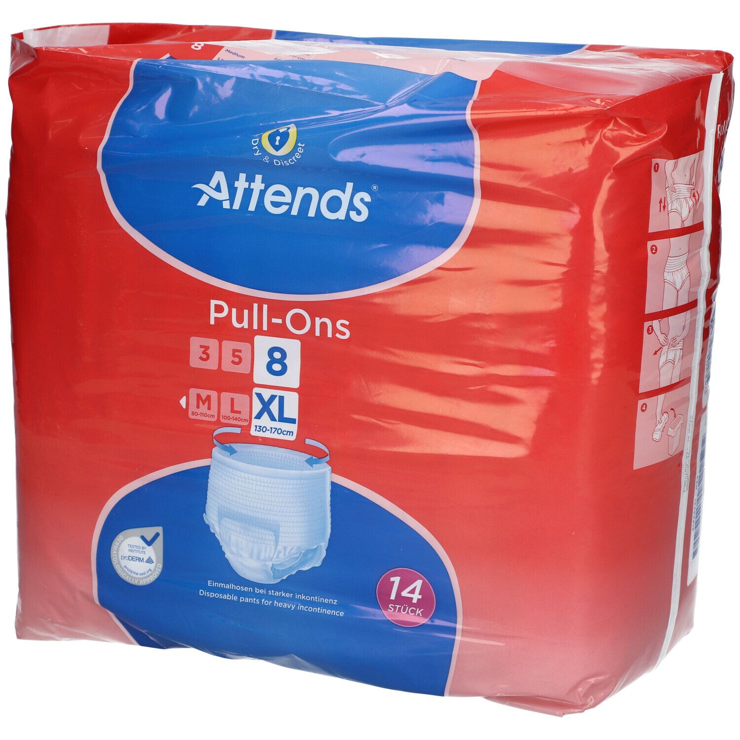 Attends Pull-Ons 8 XL in rode verpakking. Blauwe en witte details. 14 stuks. Voor zware incontinentie.