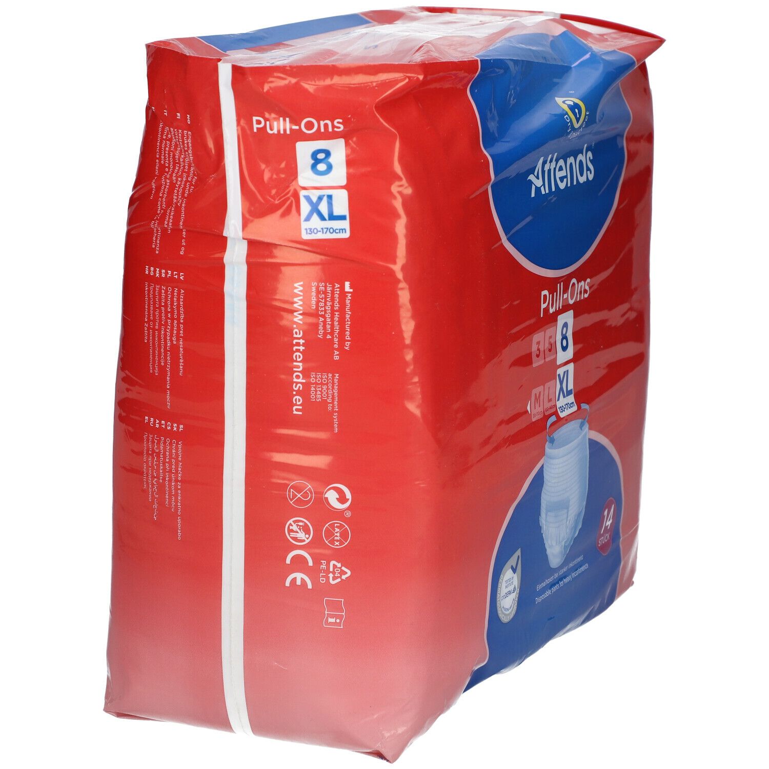 Attends Pull-Ons 8 XL, rode verpakking. Productinformatie en maten. 14 stuks.