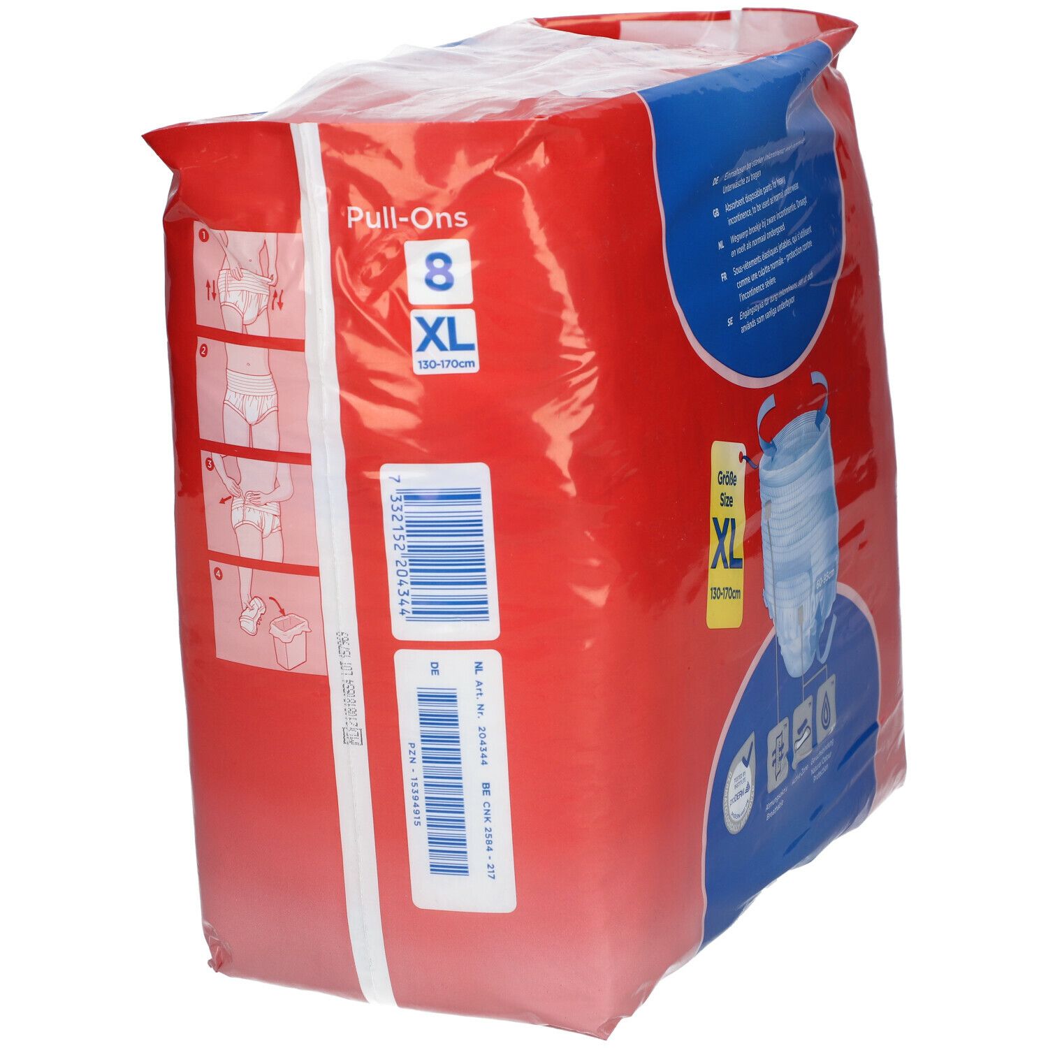 Attends Pull-Ons 8 XL, verpakking met barcode en maten. Rode verpakking.
