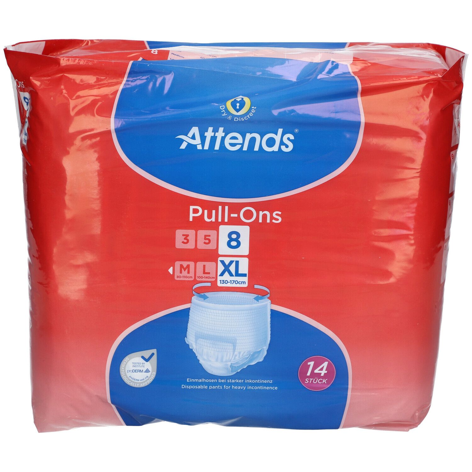 Attends Pull-Ons 8 XL in rode verpakking. Blauwe en witte details. 14 stuks. Voor zware incontinentie.