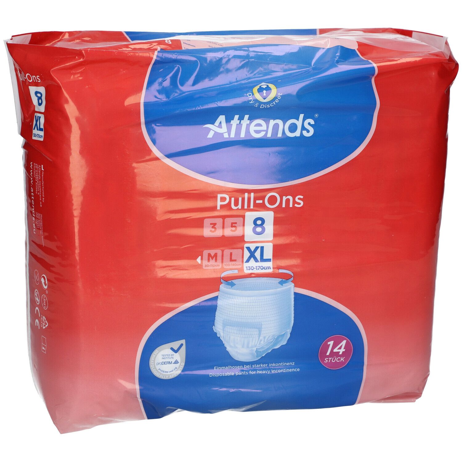 Attends Pull-Ons 8 XL in rode verpakking. Blauwe en witte details. 14 stuks. Voor zware incontinentie.