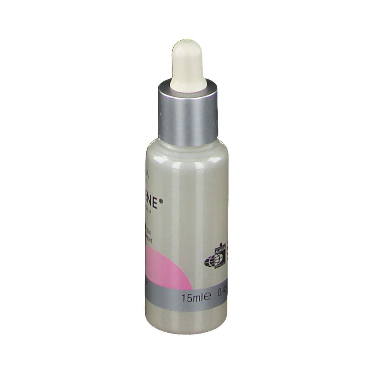 Flacon avec pipette. Inscription AURIGA, Micro-Emulsion P, Triple Action on Wrinkle Treatment. 15ml. Contient acide hyaluronique et hexapeptide.