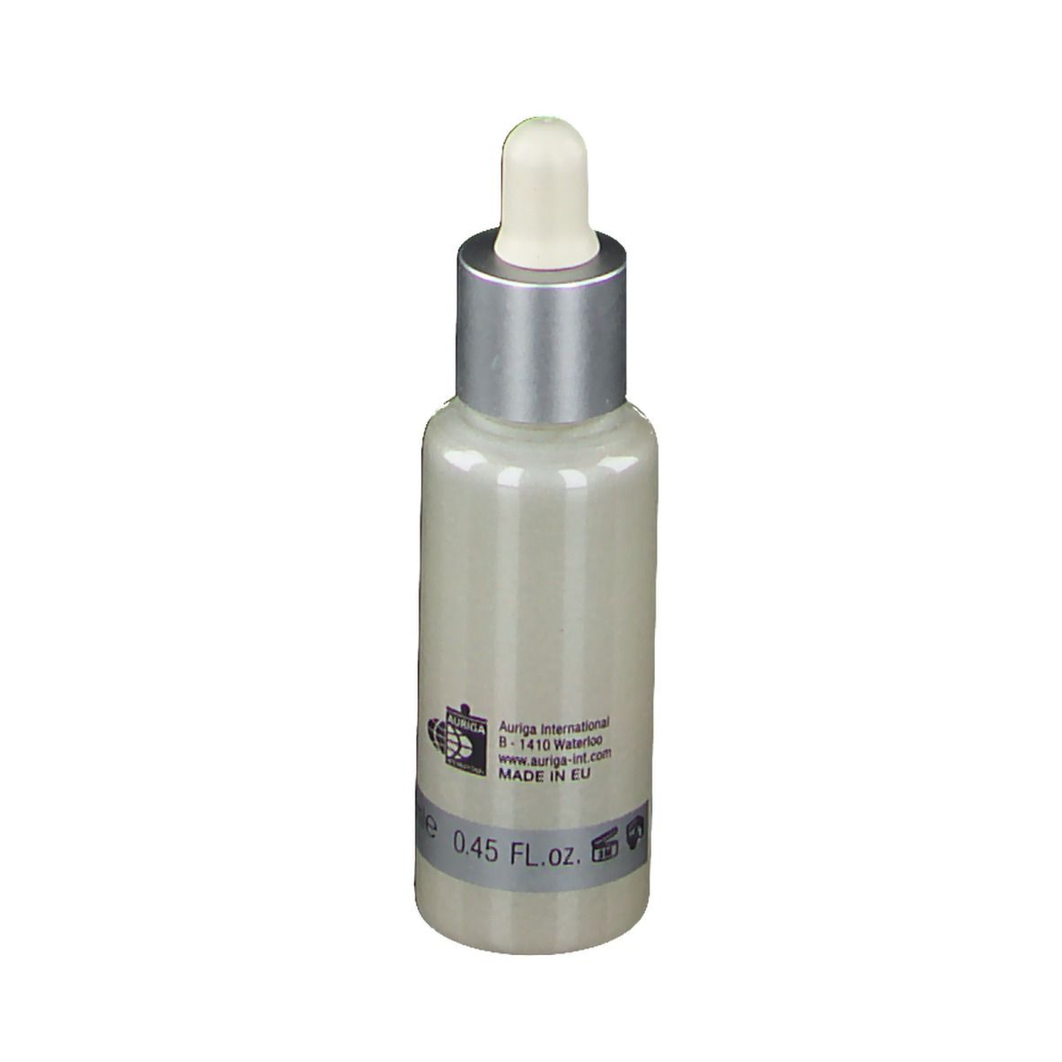 Flacon avec pipette. Inscription AURIGA, Micro-Emulsion P. Contient acide hyaluronique et hexapeptide. 0.45 FL.oz. Made in EU.