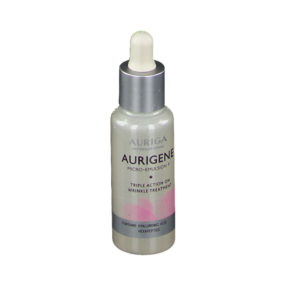 Flacon avec pipette. Inscription AURIGA, Micro-Emulsion P, Triple Action on Wrinkle Treatment. Contient acide hyaluronique et hexapeptide.