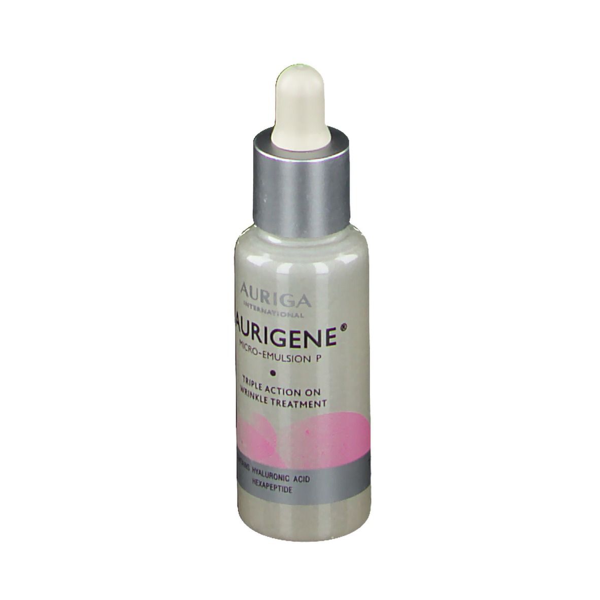 Flacon avec pipette. Inscription AURIGA, Micro-Emulsion P, Triple Action on Wrinkle Treatment. Contient acide hyaluronique et hexapeptide.