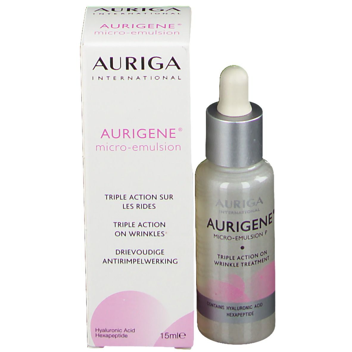 Flacon de produit avec emballage. Inscription AURIGA, Micro-Emulsion. Triple Action on Wrinkles. 15ml. Contient acide hyaluronique et hexapeptide.