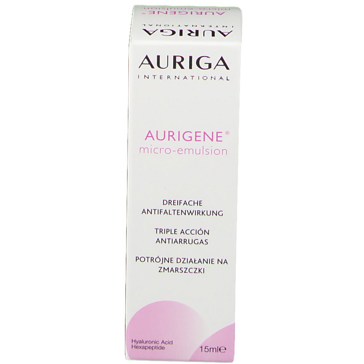 Emballage du produit. Inscription AURIGA, Micro-Emulsion. Triple action anti-rides. 15ml. Contient acide hyaluronique et hexapeptide.