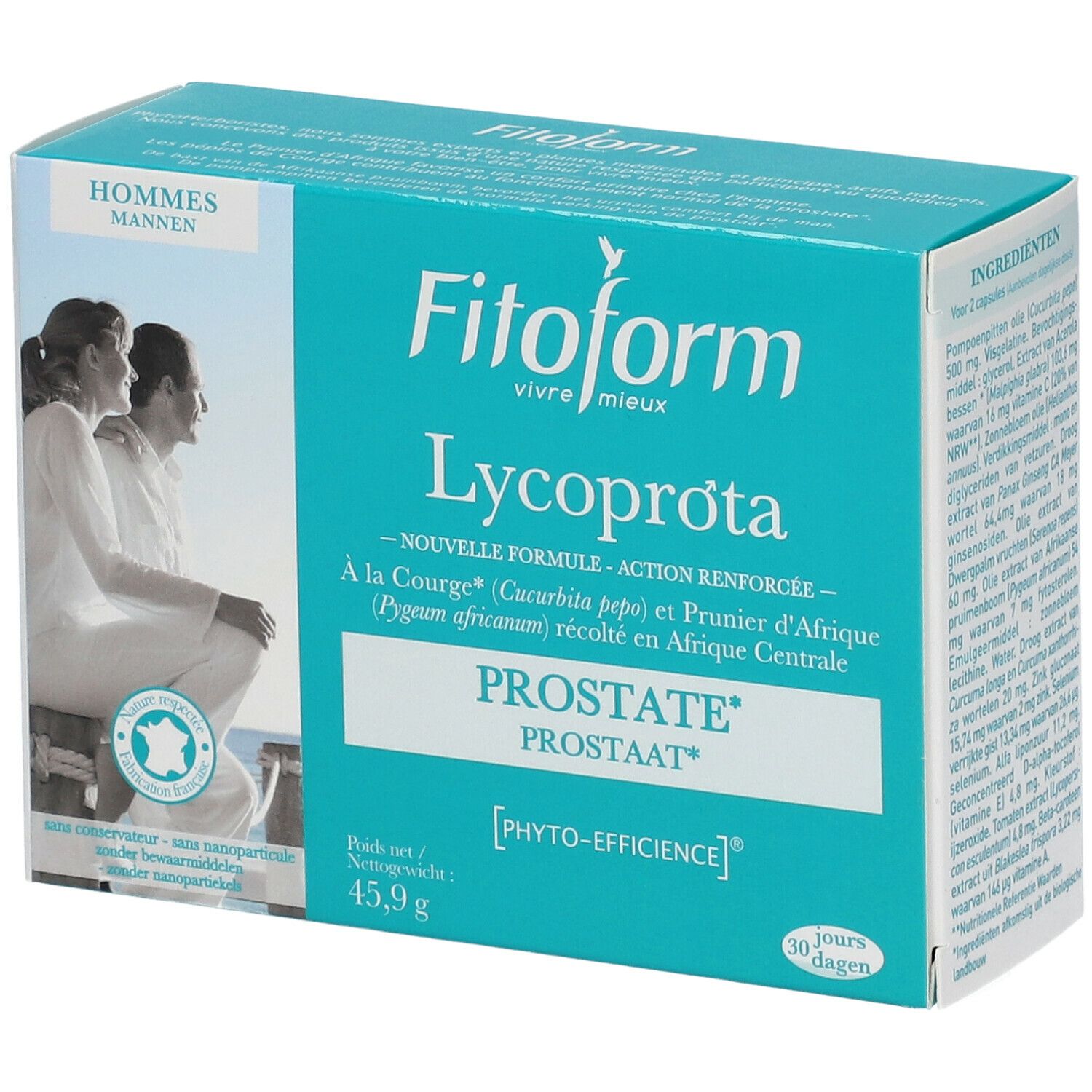 Boîte bleue et blanche Fitoform Lycoprota. Texte : PROSTATE, 45,9 g. Illustration d'un homme et d'une femme.