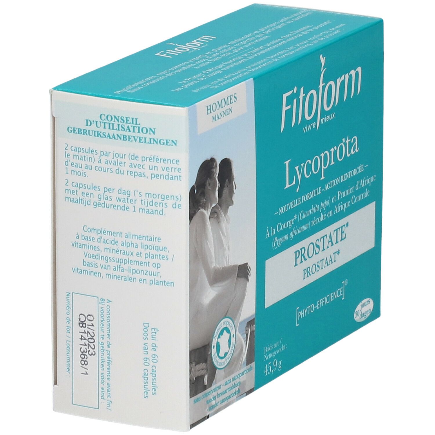 Boîte Fitoform Lycoprota, bleu et blanc. Texte : PROSTATE. Instructions pour 2 gélules par jour. Valable jusqu'au 01/2023.