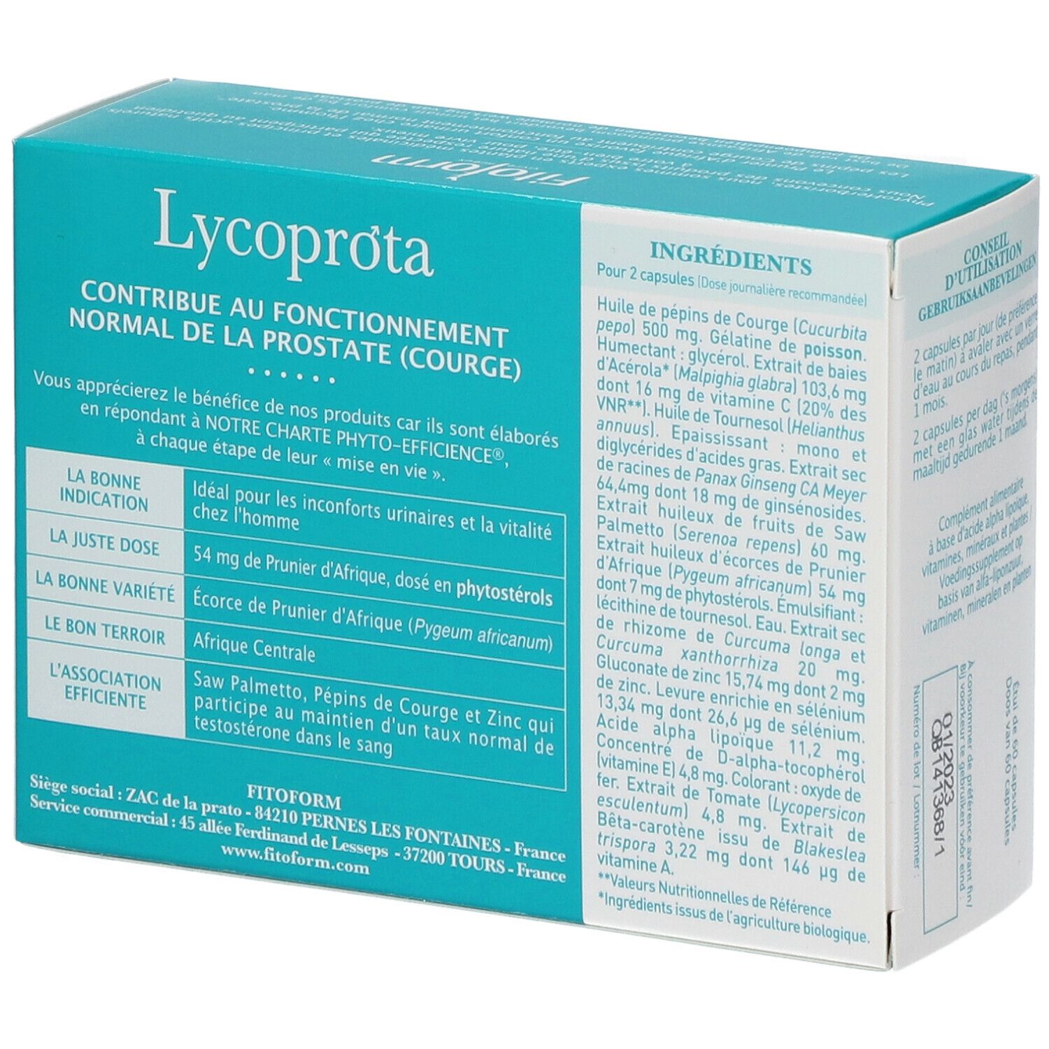 Dos de la boîte Fitoform Lycoprota. Texte : Contribue au fonctionnement normal de la prostate. Liste des ingrédients.