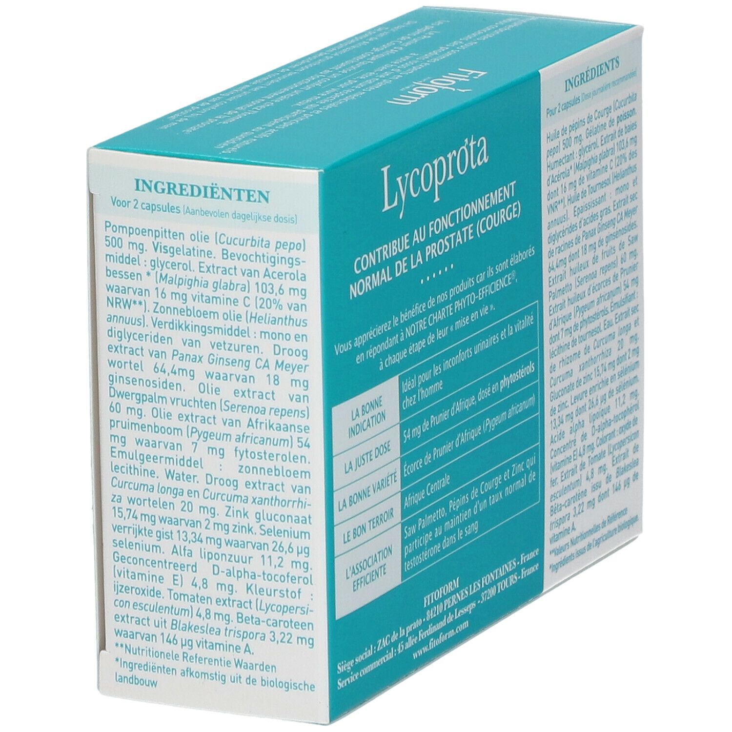Dos de la boîte Fitoform Lycoprota. Texte : Contribue au fonctionnement normal de la prostate. Liste des ingrédients.