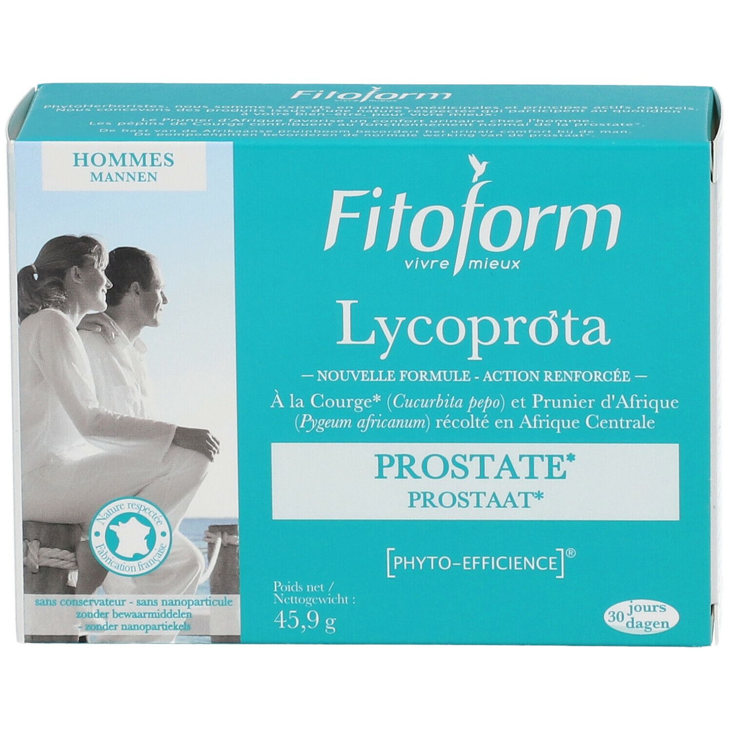 Boîte bleue et blanche Fitoform Lycoprota. Texte : PROSTATE, 45,9 g. Illustration d'un homme et d'une femme. 30 jours.